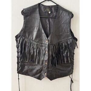 Canyon Creek Women’s Black Fringe Biker Leather Patchwork Vest Size XL